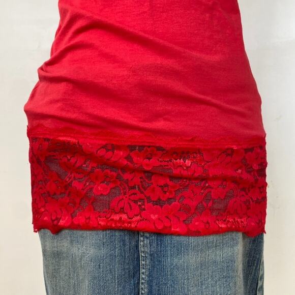 Modbe Womens Y2K Lace Trim Cami Size M Stretch Cherry Red Romantic Vampy Long - Picture 3 of 8